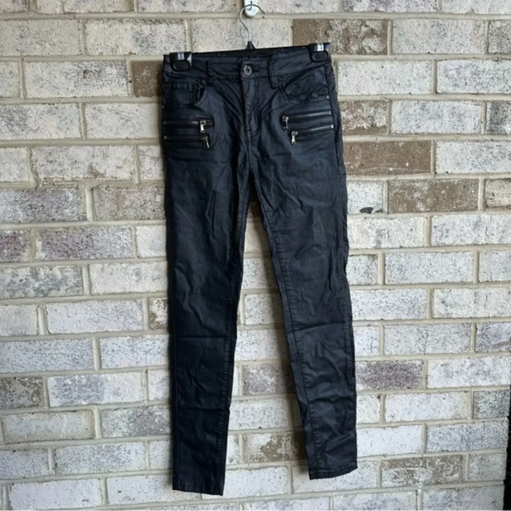 Women’s Black faux leather skinny jeggings , biker core​ size small - Image 2