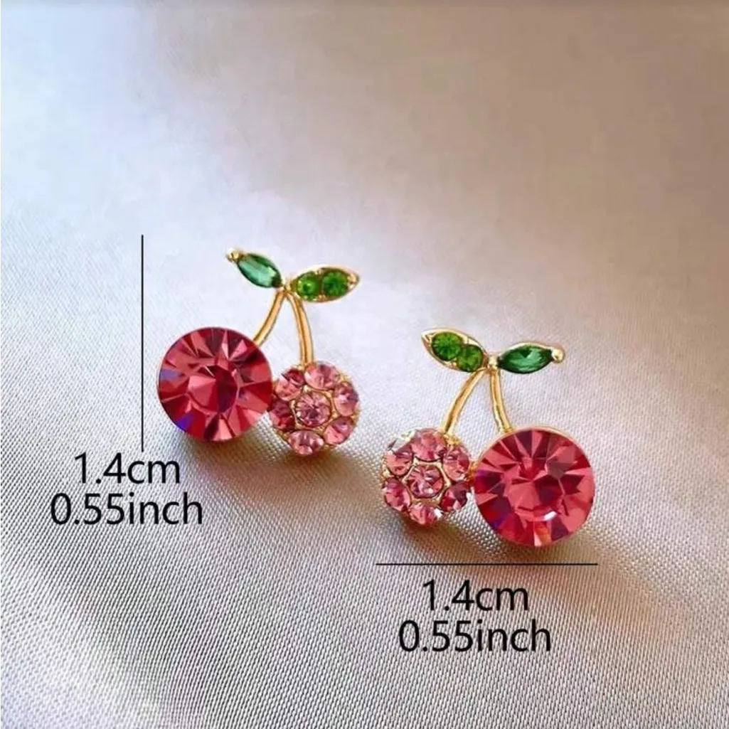 Elegant Pink and Green Crystal Cherry Earrings - Image 4