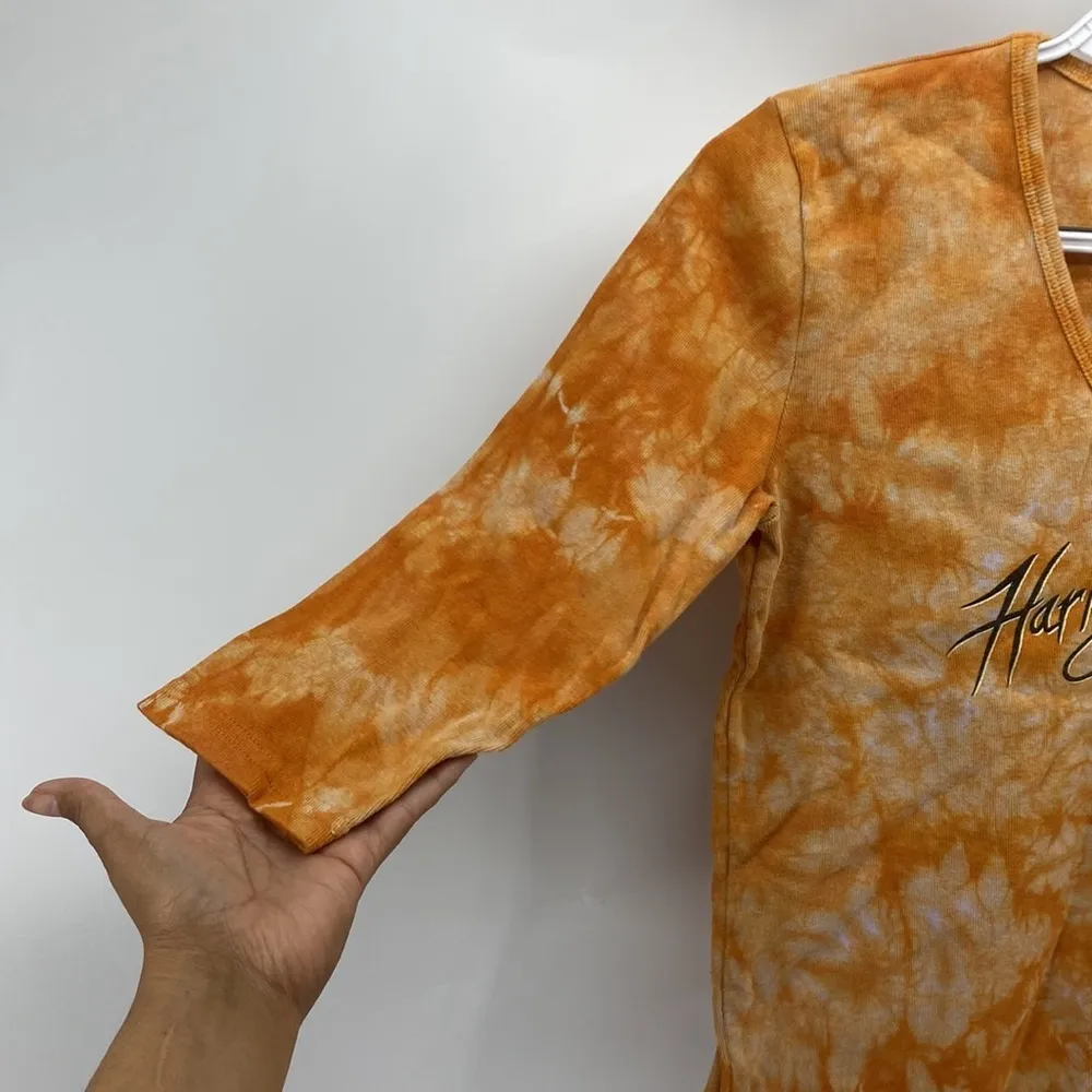 Harley Davidson tie dye orange cropped 3 quarter sleeve shirt Size L - Image 3