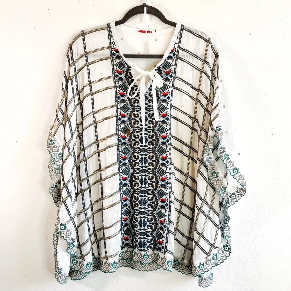 Johnny Was Top Cherpas White Green Embroidered Tunic Poncho Top Sz XS EUC - Image 5