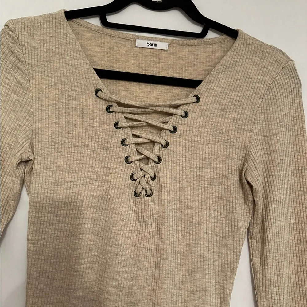 Lace-Up Ribbed Long Sleeve Top - Neutral Beige - Refer to Measurements - Image 9