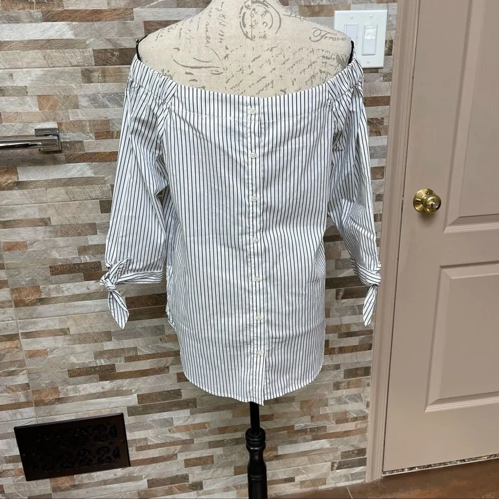 Artisan NY poplin cotton blend striped shirt off the shoulders SZ M - Image 5