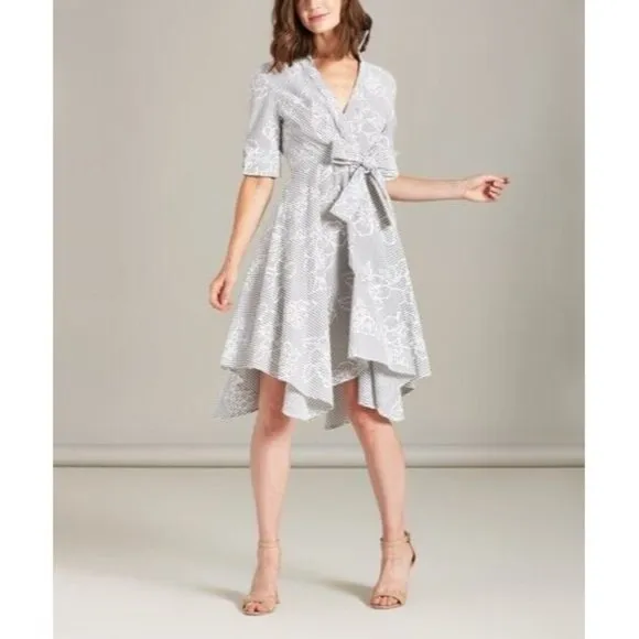 NWT Eva Franco Loretta Wrap Dress Hibiscus Stripe Gray Size 2 - Image 2