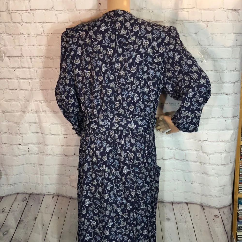 Vintage SL Fashions Blue Floral Belted Dress 1980s Size 18 Fits Much Smaller - Image 6