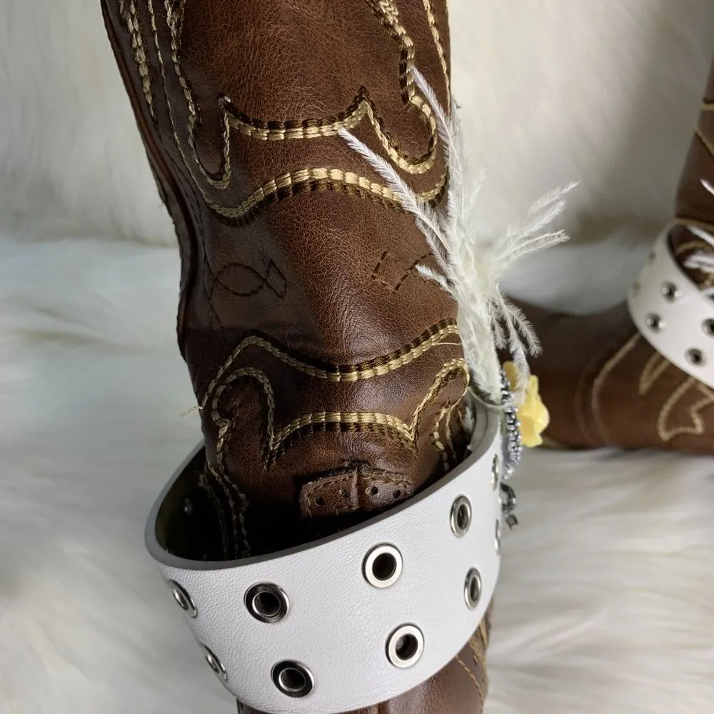 Handmade Womens White Leather Beaded Feather Removable Boot Band One Size Boot - Image 6