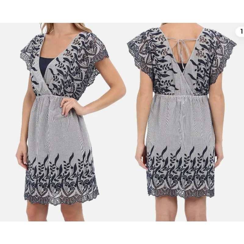 Two‎ by Vince Camuto Dress Women MEDIUM Blue Embroidered Cap Sleeve V - Image 2