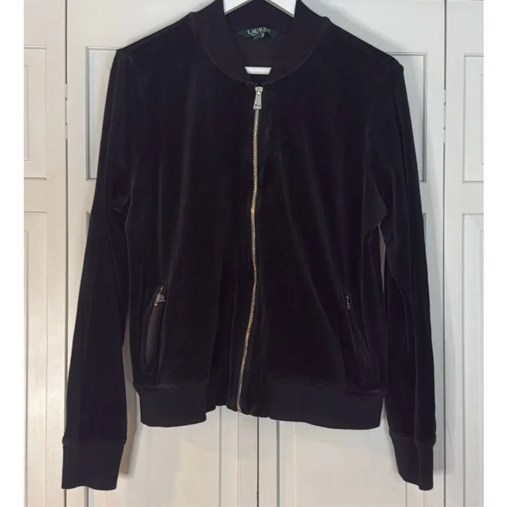 Lauren Ralph Lauren NWOT black velour velvet bomber style full zip sweater XL - Image 10