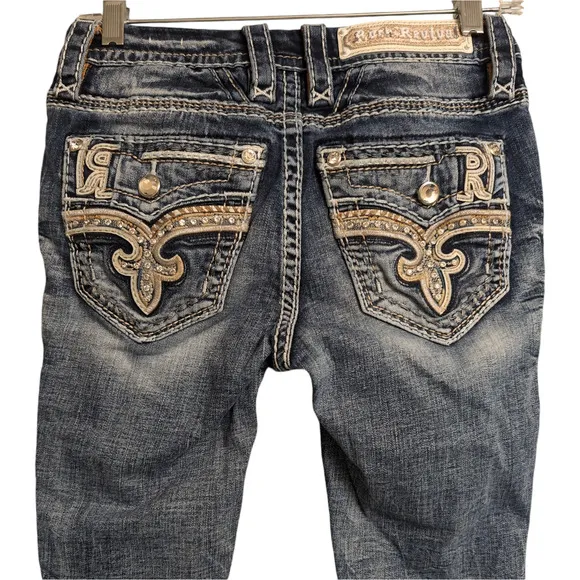 Rock Revival Blue Distressed Embroidered Rhinestone Agata Skinny Jeans Size 25 - Image 2