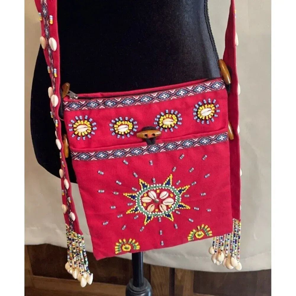 Colorful‎ Red Beaded Shells Crossbody Purse Adjustable Boho Festival Art Hippie - Image 2