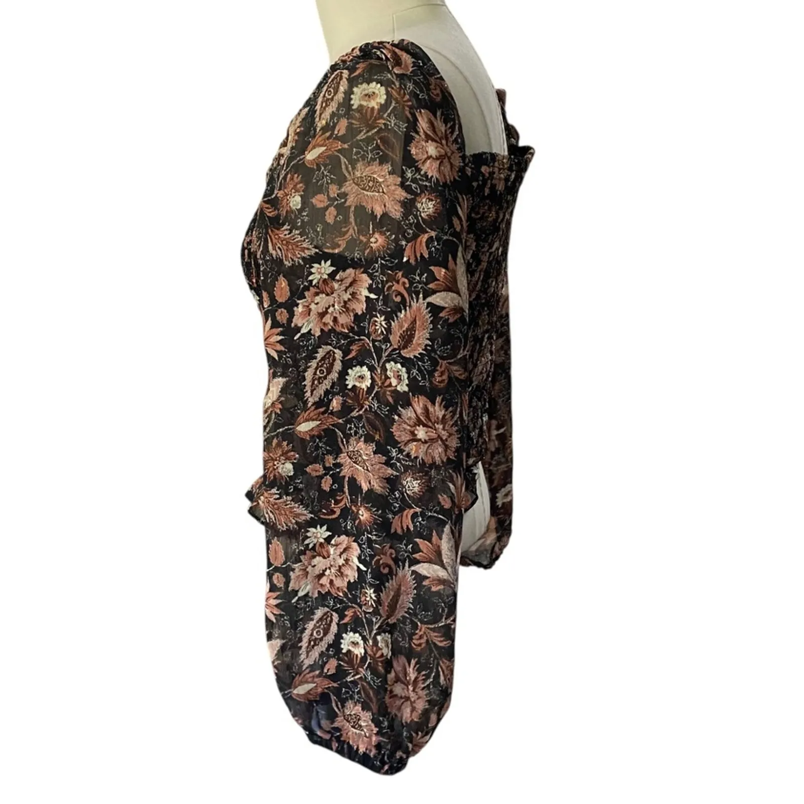 Madewell Lucie Smocked Top Blouse Black Floral Long Sleeve Top - Image 4