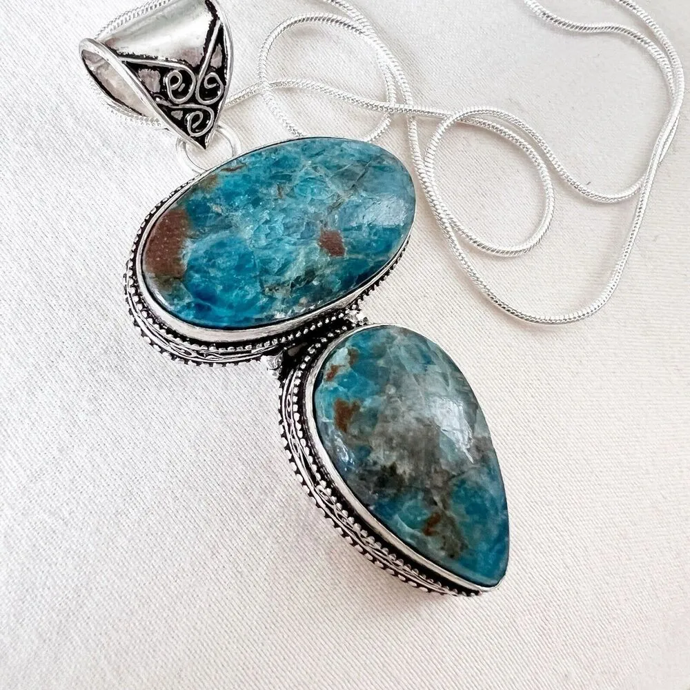 Apatite 925 Sterling Silver Heart Necklace Gemstone Handmade Womens Jewelry Blue - Image 2