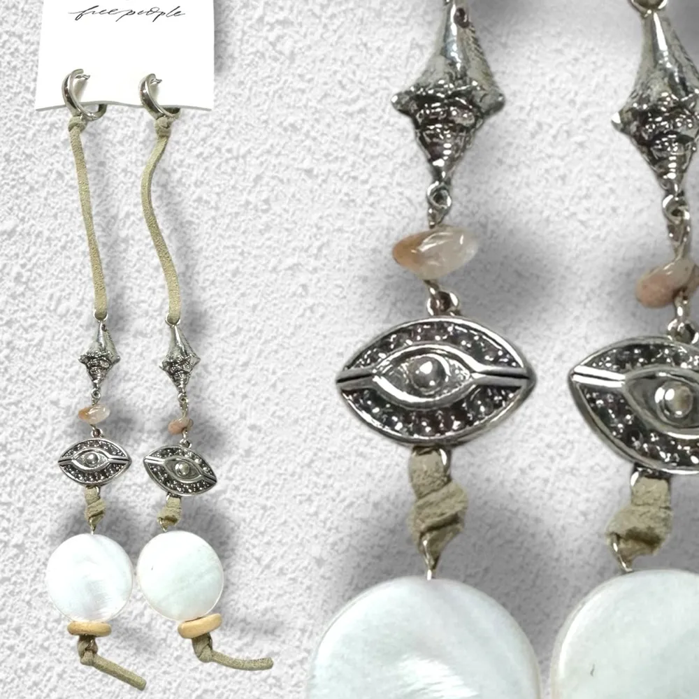 Free People Treasure Dangles Earrings Tan Neutral Bohemian Gypsy Evil Eye Shell - Image 3