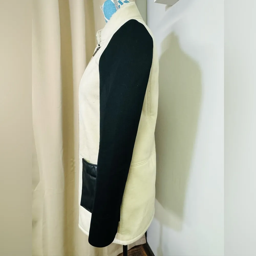 Tibi Moto Jacket Colorblock Career Zip Up Zipper Sleeve Cream/Black Sz 0 - Image 3