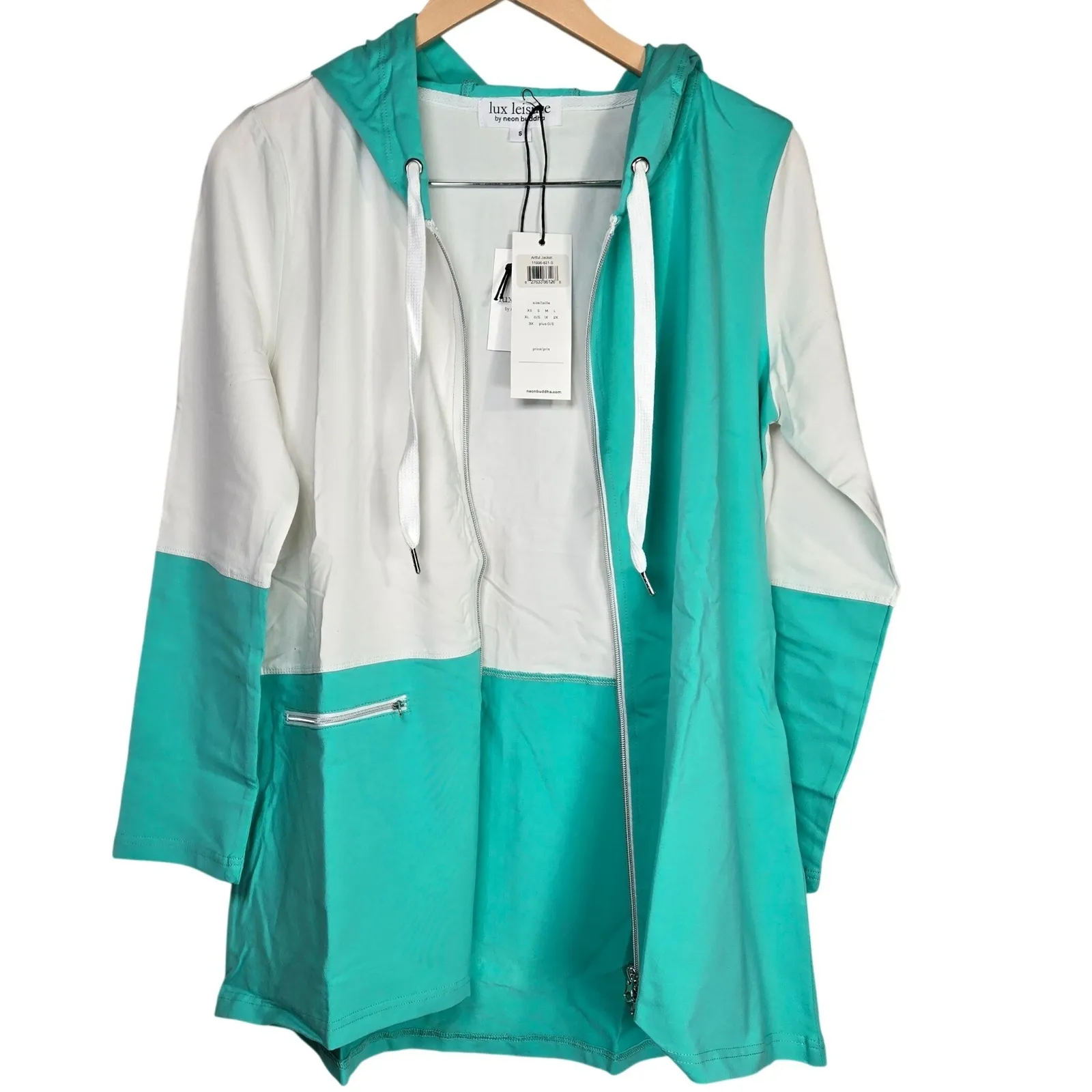 Lux Leisure Neon Buddha Artful Jacket Teal White Color Block Zip Front Hoodie S - Image 3