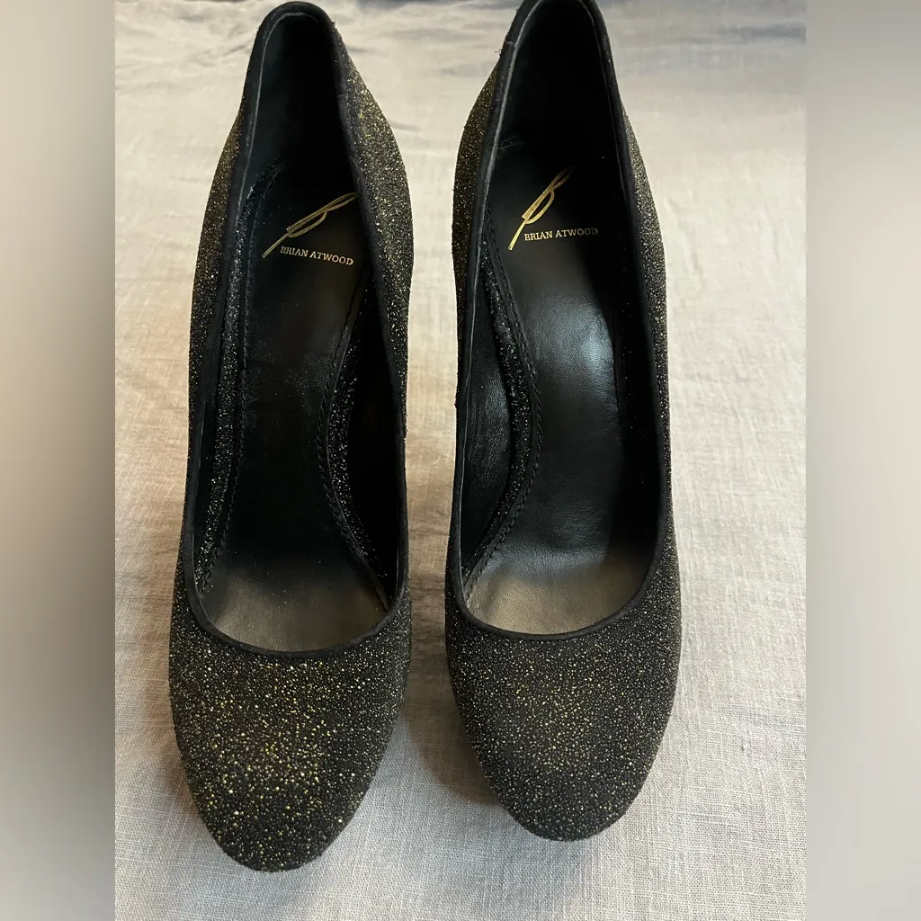 Brian Atwood Fontanne Shoes Gold Red Blue Glitter Heels Platform Black - Image 6