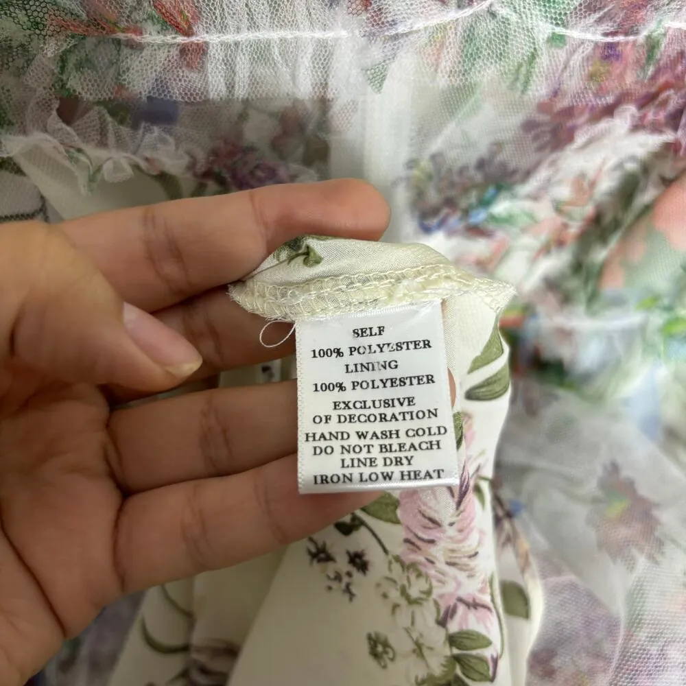 Rosevelvet White Floral Ruffled Chiffon Mini Long Sleeve Dress Sz S - Image 5