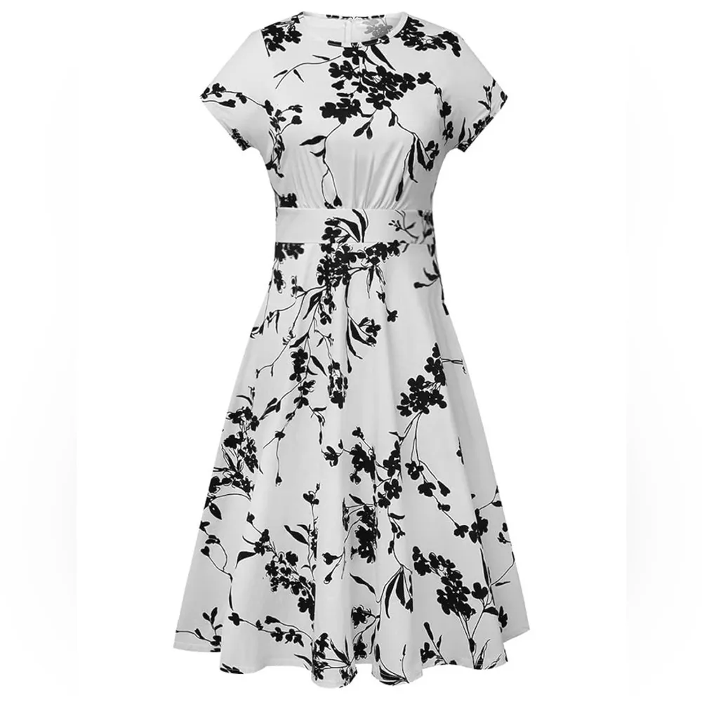NWT Homeyee Women's White Short Sleeve Floral Casual A Line Midi Dress Fit Flare - Image 2