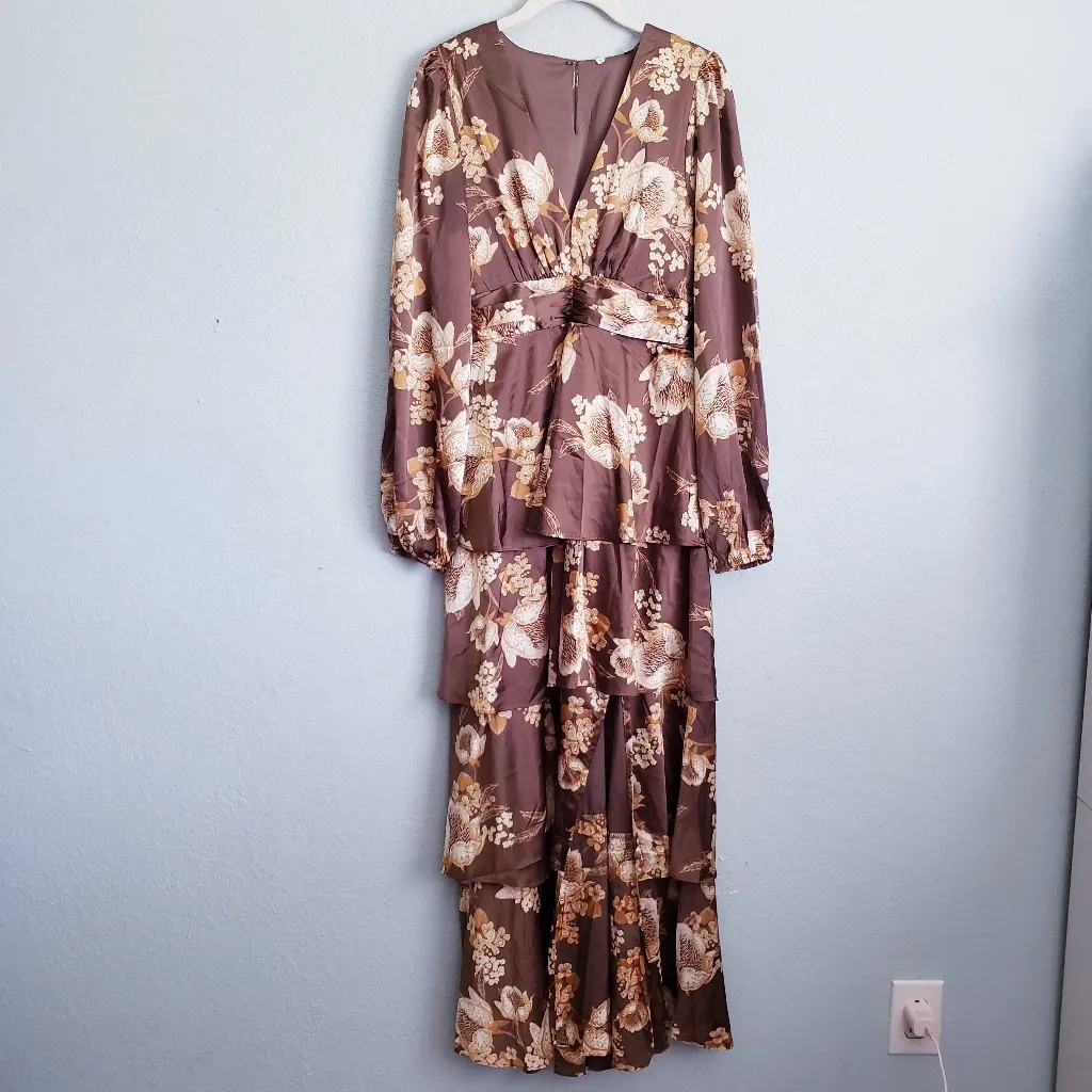 Baltic Born Montrouge Mocha Floral Tiered Satin Dress - Image 3