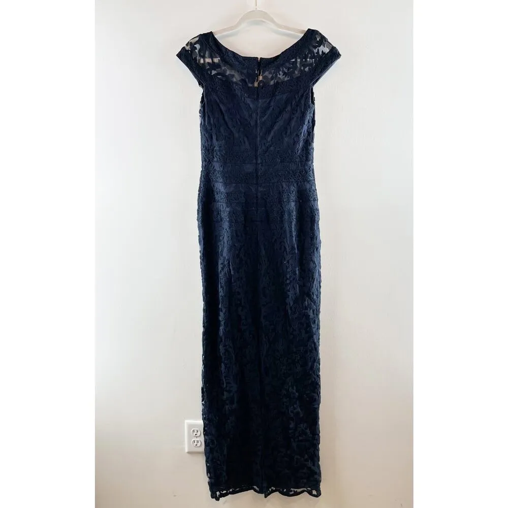 Tadashi Shoji Embroidered Banded Lace Maxi Length Gown Dress Navy Blue 4 - Image 9