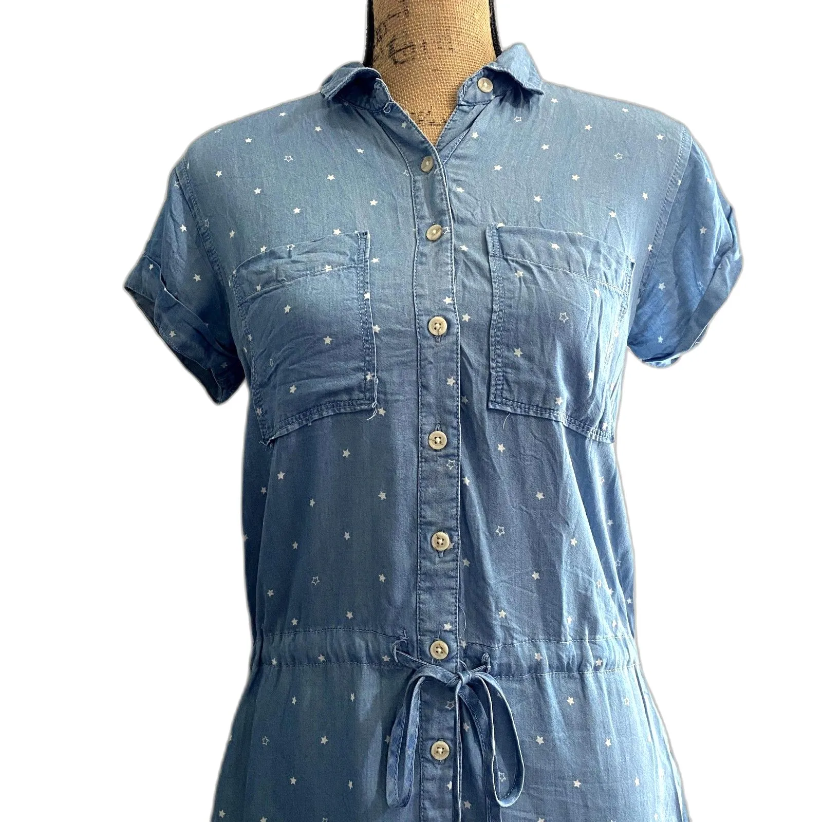 Thread‎ & Supply Chambray Mini Shirtdress Star Print Tie Waist Denim Size Small Blue - Image 2