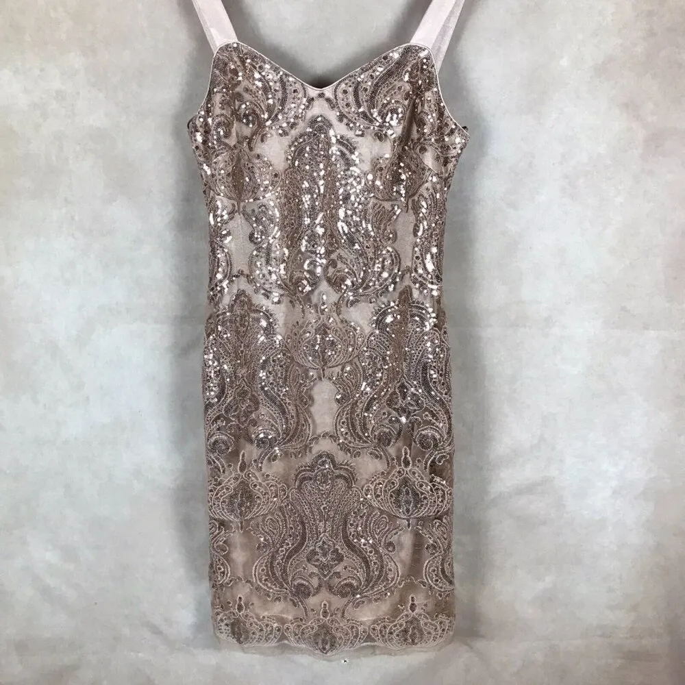 R&M RICHARD Beige Sequin Lace Embroidered Cocktail Dress NWT 12 Petite - Image 3