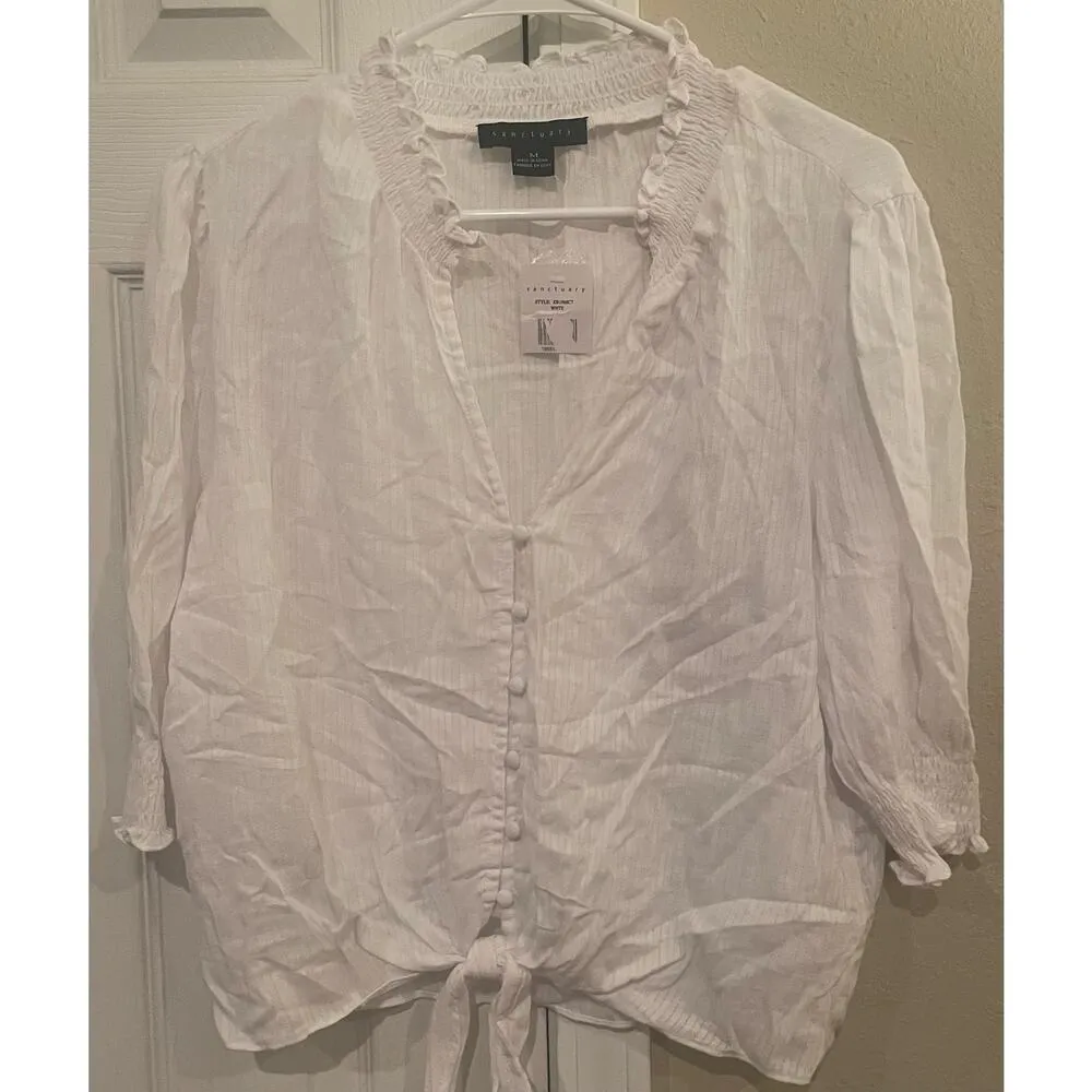 Women's White Blouse, 3/4 Sleeve, Button front, Cotton, Med, Sanctuary Nwt B41 - Image 3