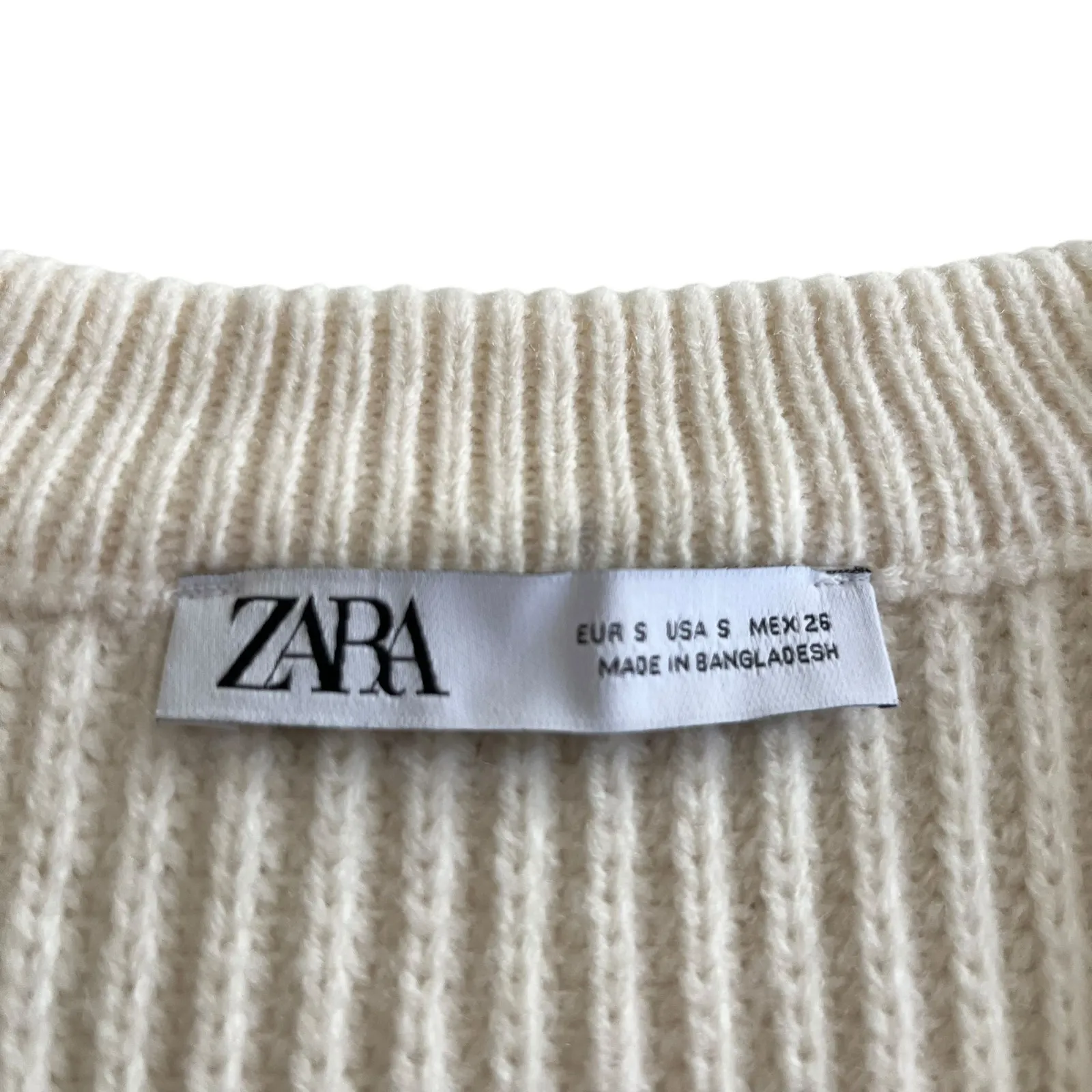 Zara Ecru Rib Knit Cropped Sweater V-Neck Small | Minimal Preppy Quiet Luxury - Image 4