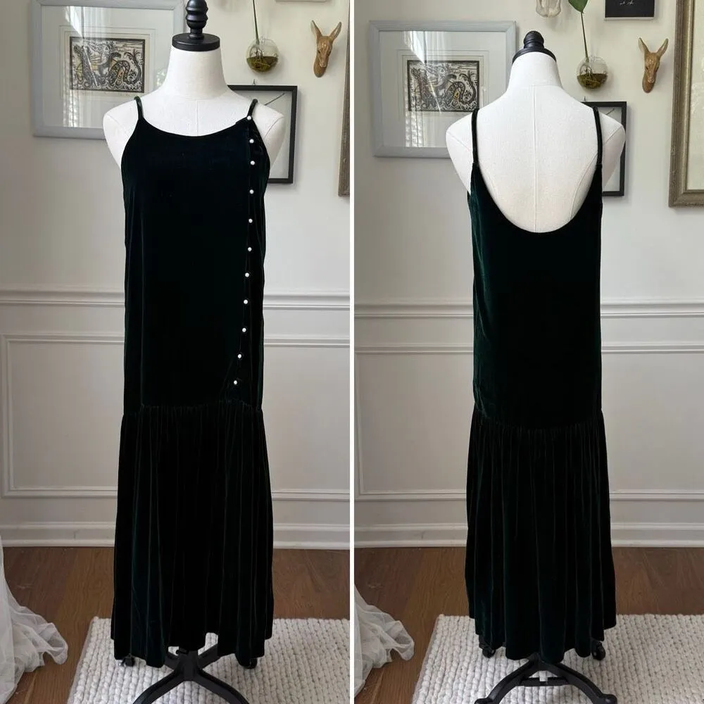 Vintage 80s 90s Eileen West Dark Green Velvet Drop Waist Dress 10 - Image 2
