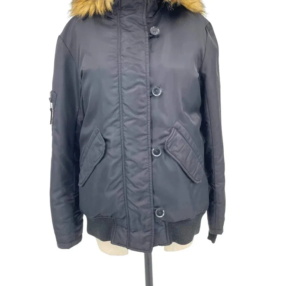 S13 Alps‎ Parka Faux Fur Trim Down Hooded Puffer Coat Black Size Medium - Image 4