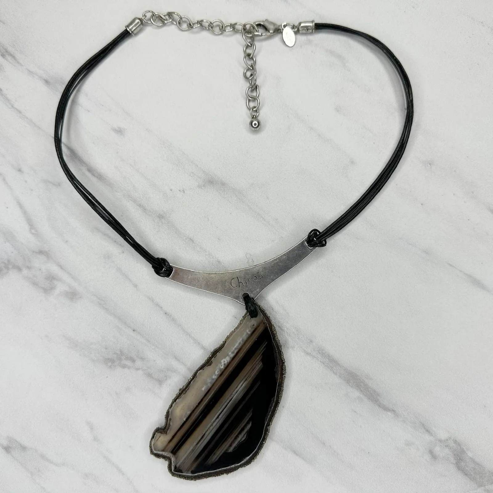 Chico's Striped Slab Pendant on Black Cord and Silver Tone Necklace ✨ - Image 2