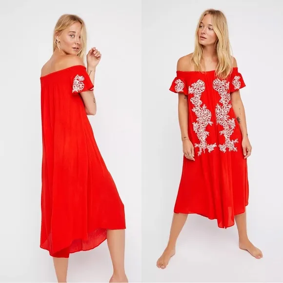 FREE PEOPLE Orange & White Rayon Off Shoulder Elastic Wide Leg Jumpsuit XS - Image 19