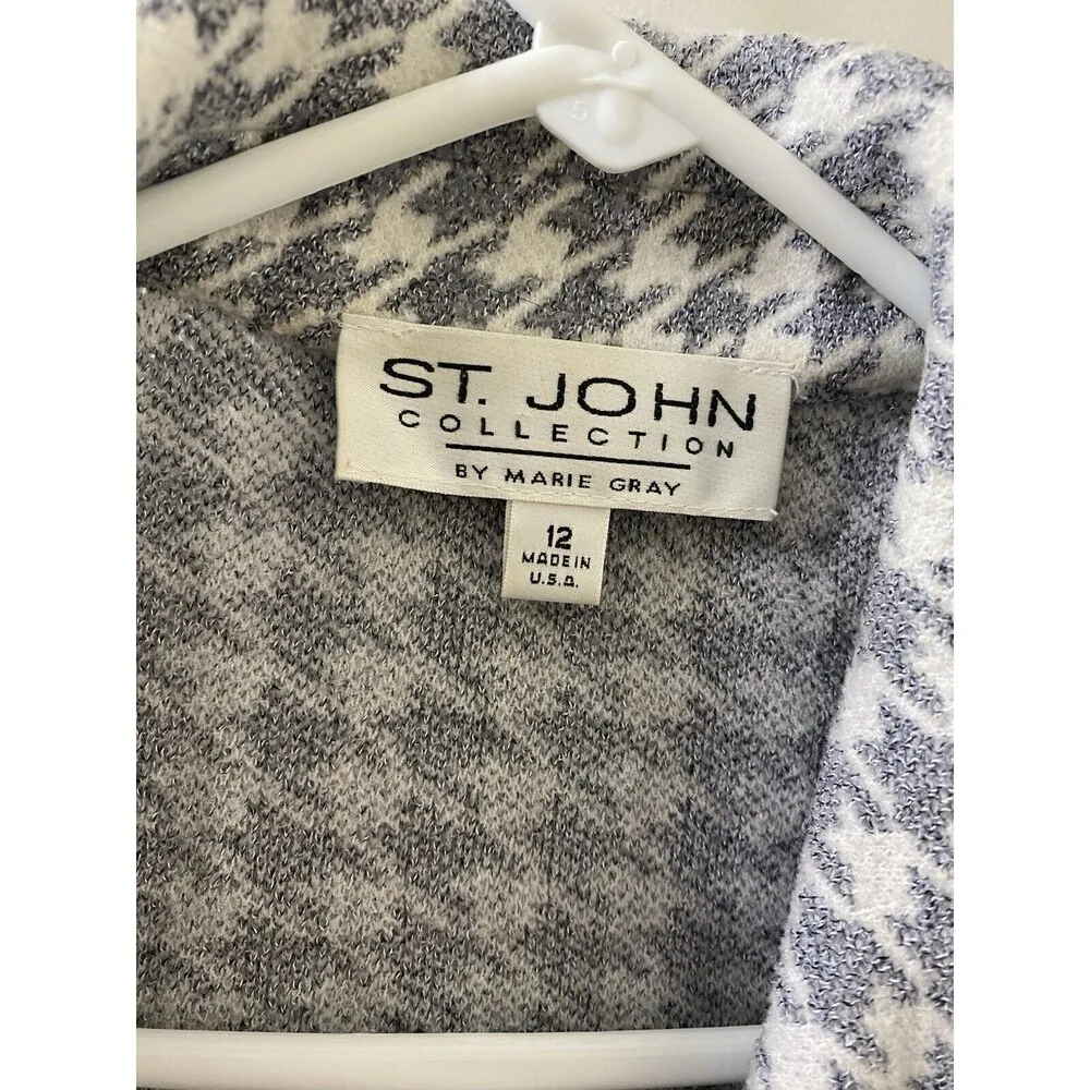 St.John Collection Sz 12 White Gray Houndstooth Knit Pearl Button Jacket Blazer - Image 4