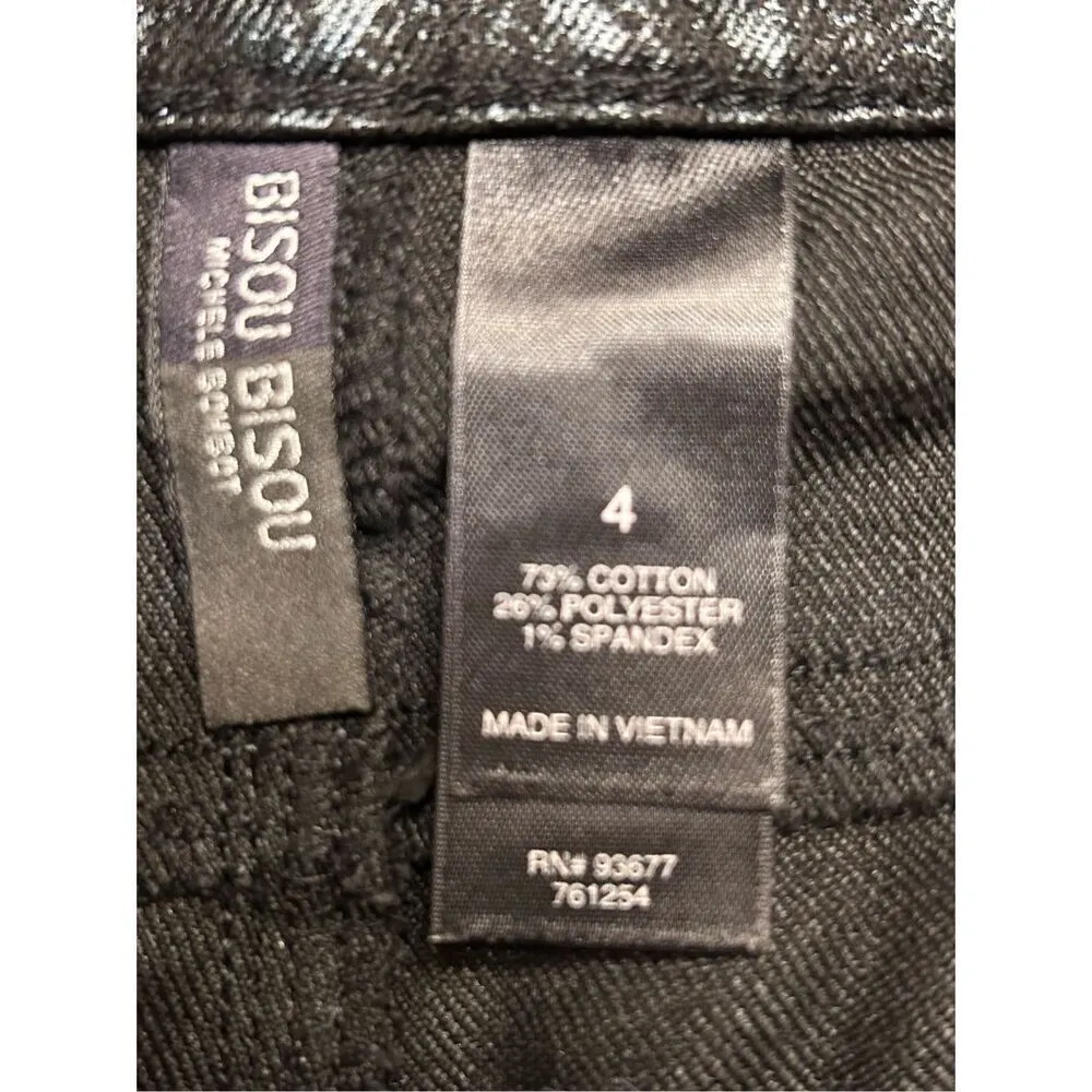Bisou Bisou Michele Bohbot Size 4 Black Blue Shimmer Floral Skinny Denim Jeans ( - Image 7