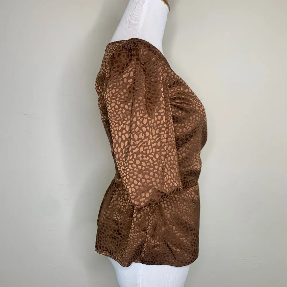 Lulu's Brown Satin Peplum Wrap Top Sz XS - Image 5