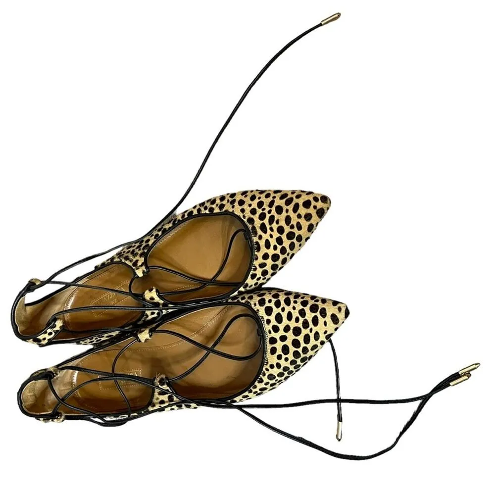 Aquazzura Christy animal print pony hairs lace up flats sz 39 Tan - Image 2