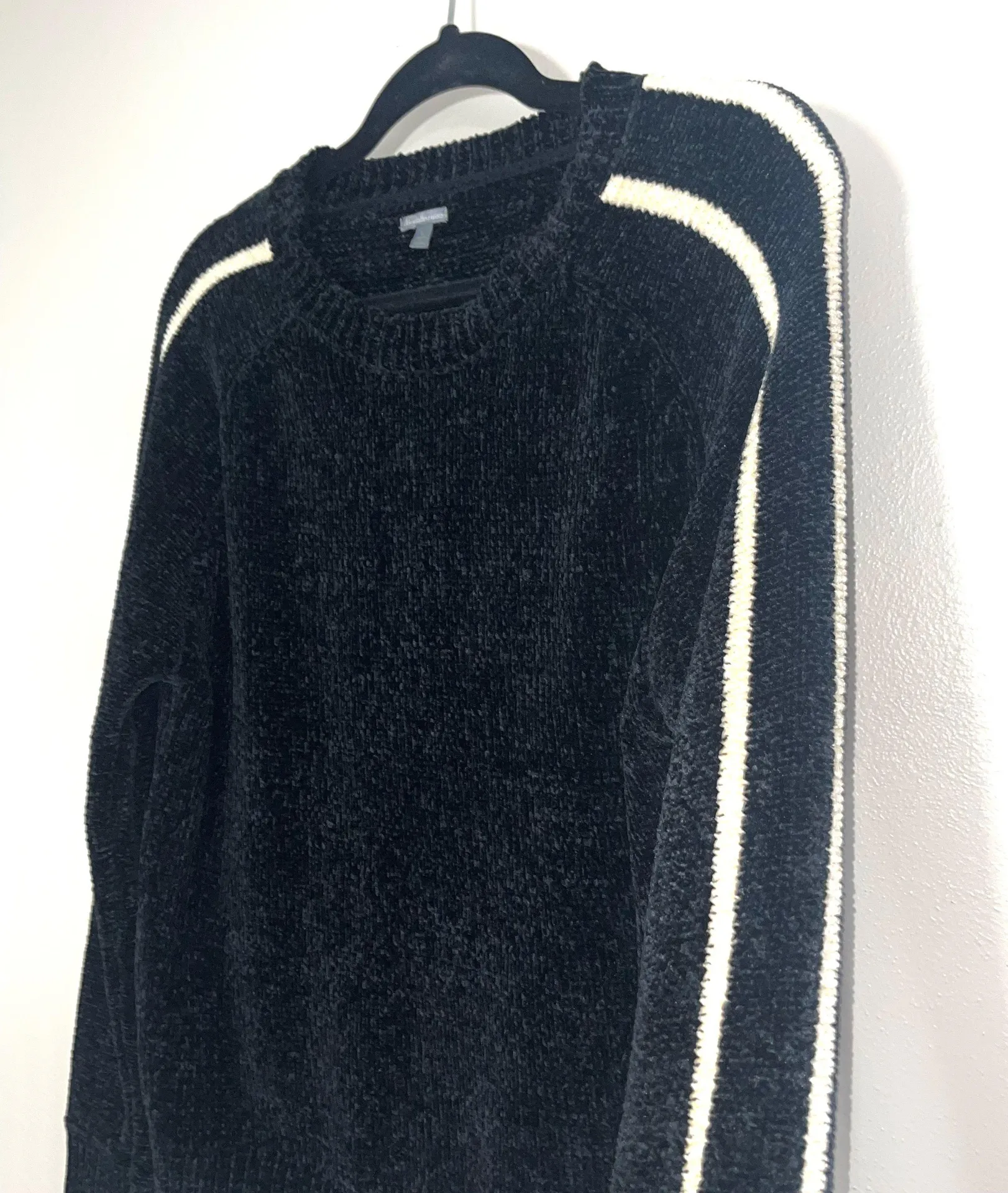 Black Striped Sleeve Chenille Knit Sweater - Image 2