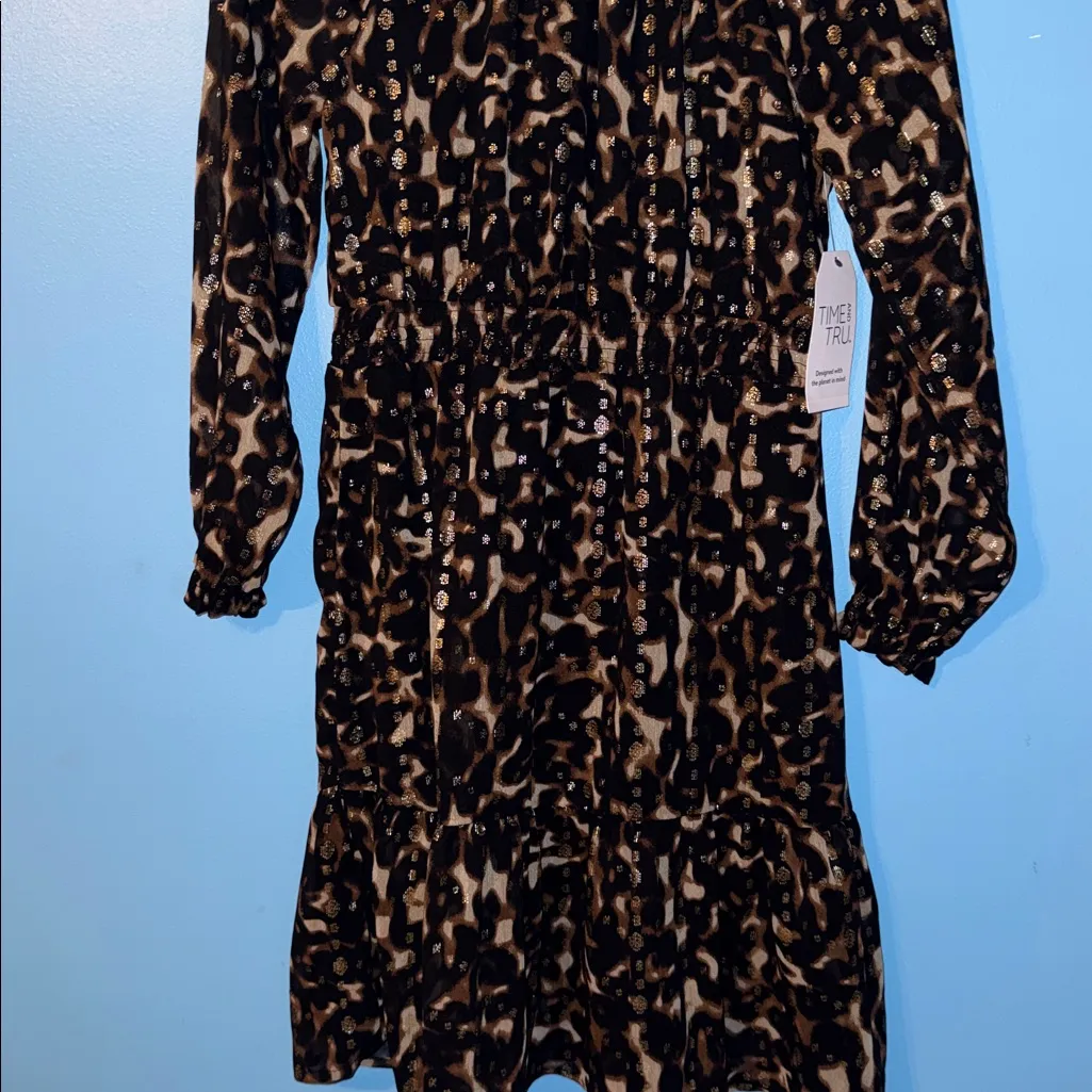 Time and Tru Black and Brown Animal Print Long Sleeve Dress Size XS - Image 3