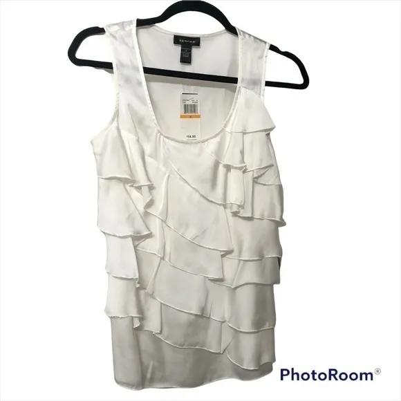 🔵SALE 3/$25 SPENSE WHITE IVORY RUFFLED SLEEVELESS TANK SATIN BLOUSE TOP S - Image 2