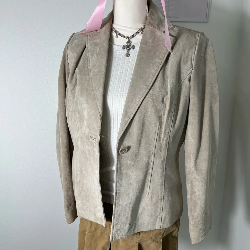 Vintage 90s Cream Beige Genuine Leather Suede Button Blazer Coat Womens Medium‎ - Image 2