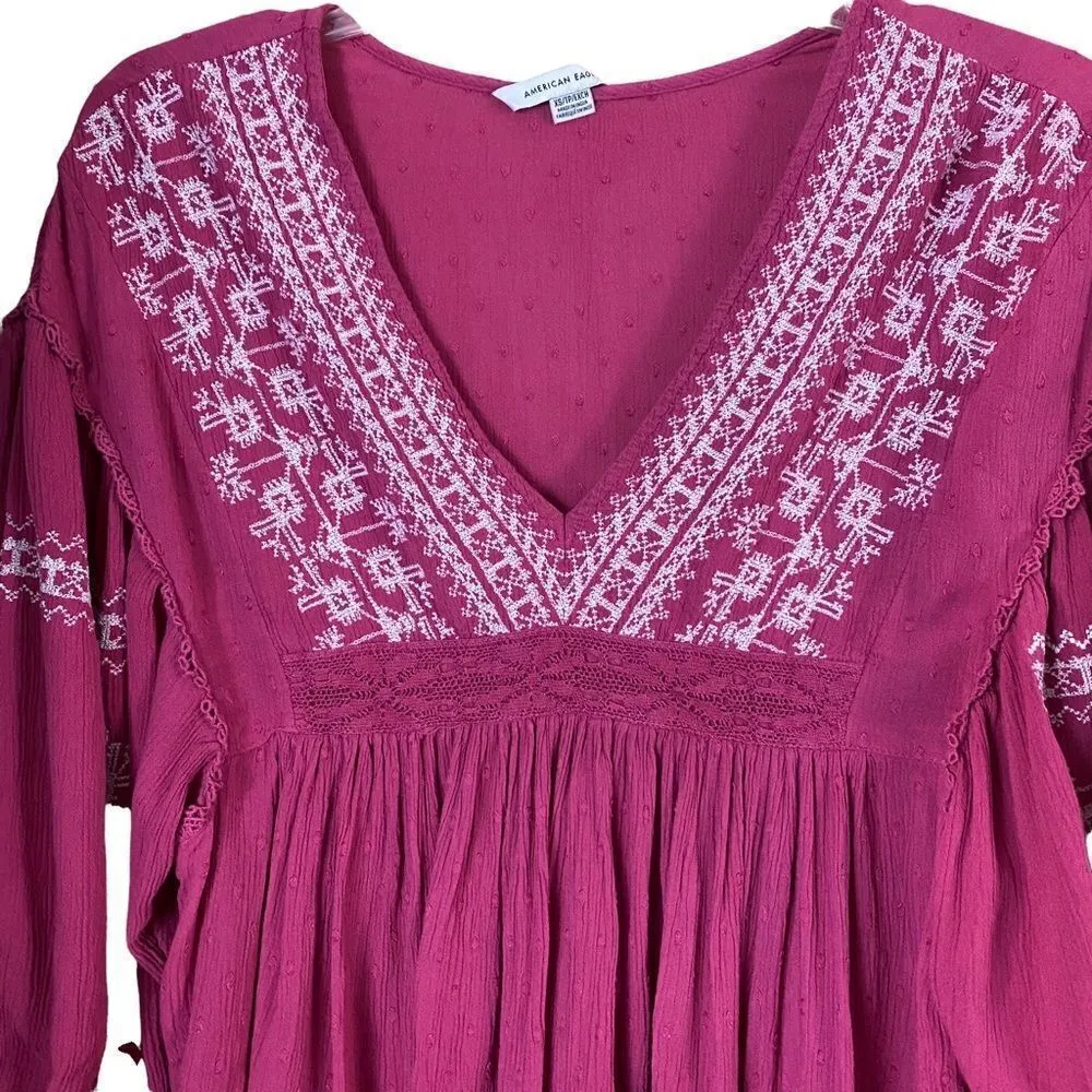 American Eagle Pink Boho Embroidered Top Size XS - Image 4