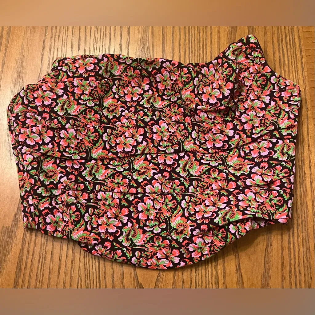 ZARA Floral Print Rayon Strapless‎ Corset Crop Top Red Pink Green Black Size XS - Image 7