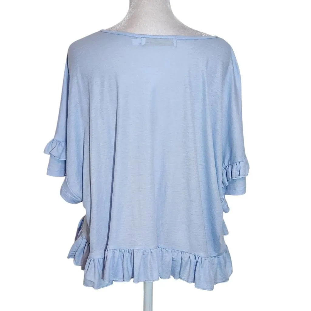 Bishop + Young Light Blue Cropped V-Neck Top with Ruffle Trim Size Large - Image 2