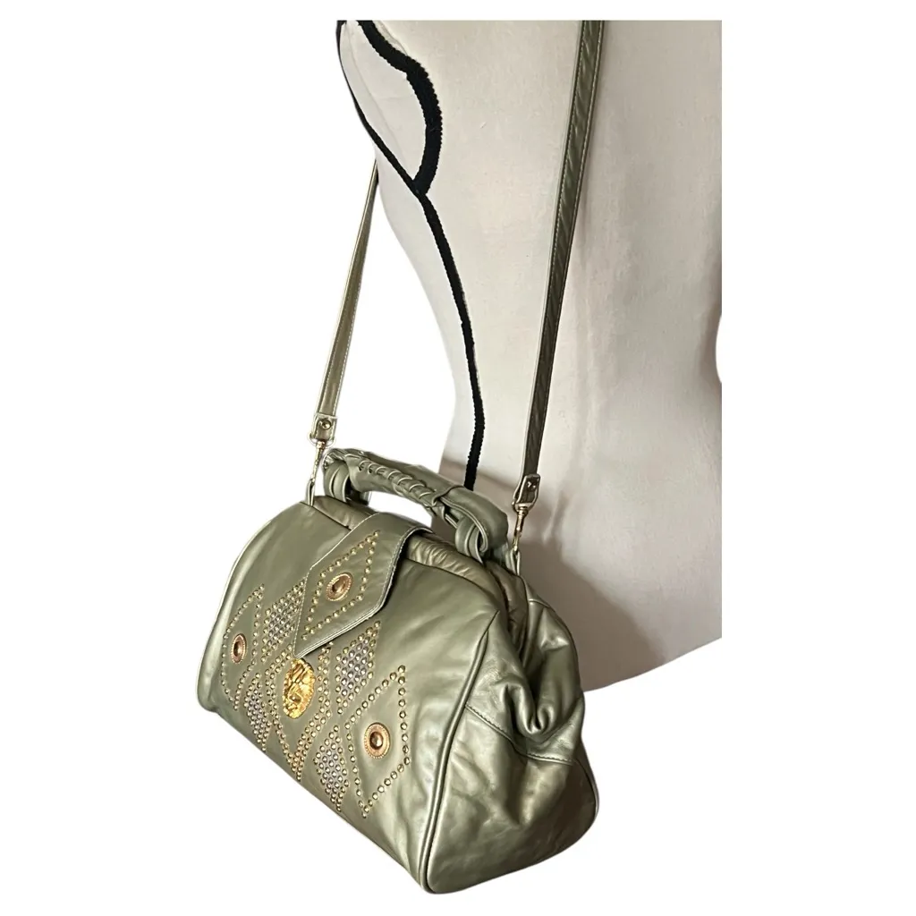 Sage Green Gold Studded Lion Head Genuine Leather USA Crossbody Handbag - Image 3