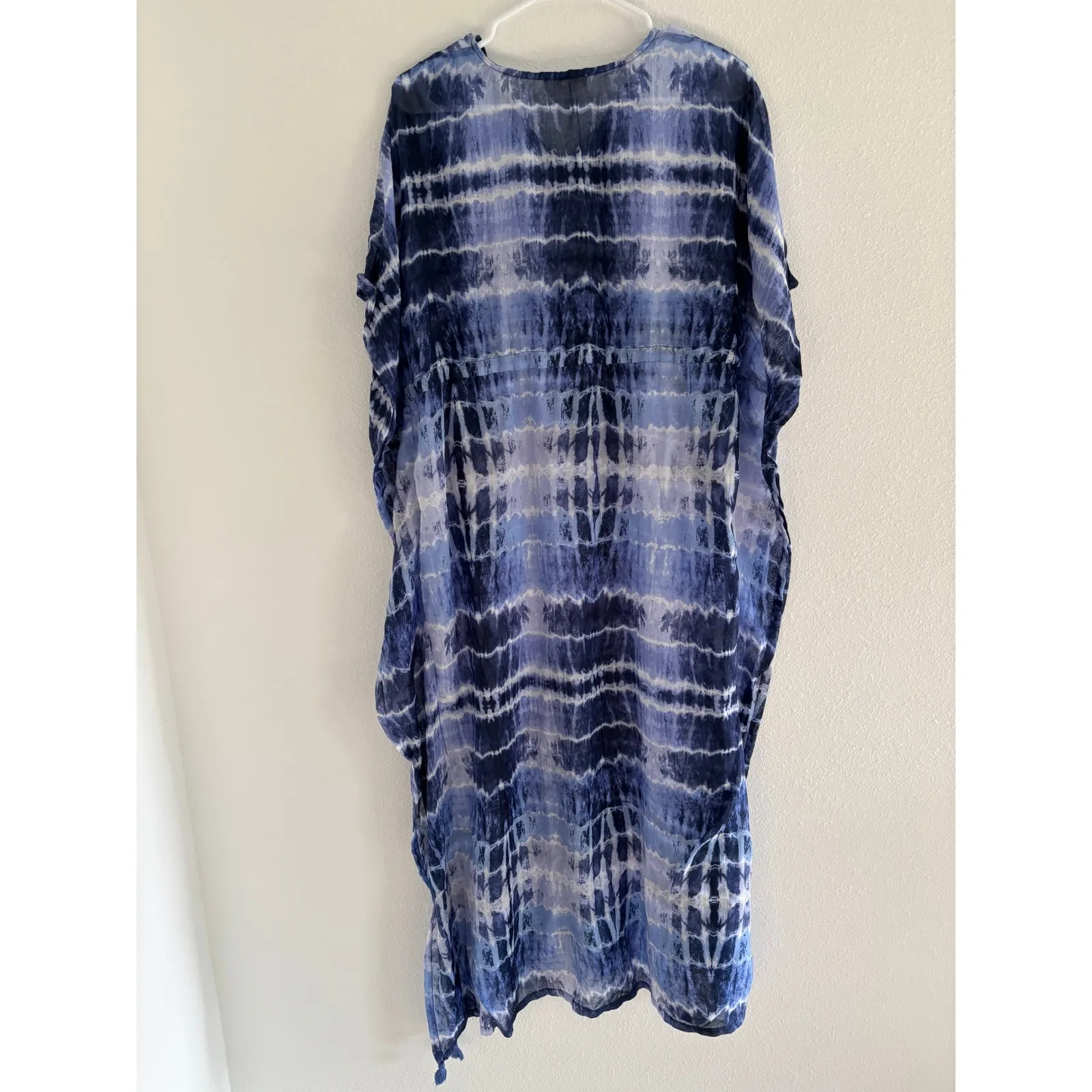 BeachLunchLounge Coverup‎ Small Blue Kaftan Tie Boho Flowy Coastal Beach Resort - Image 2