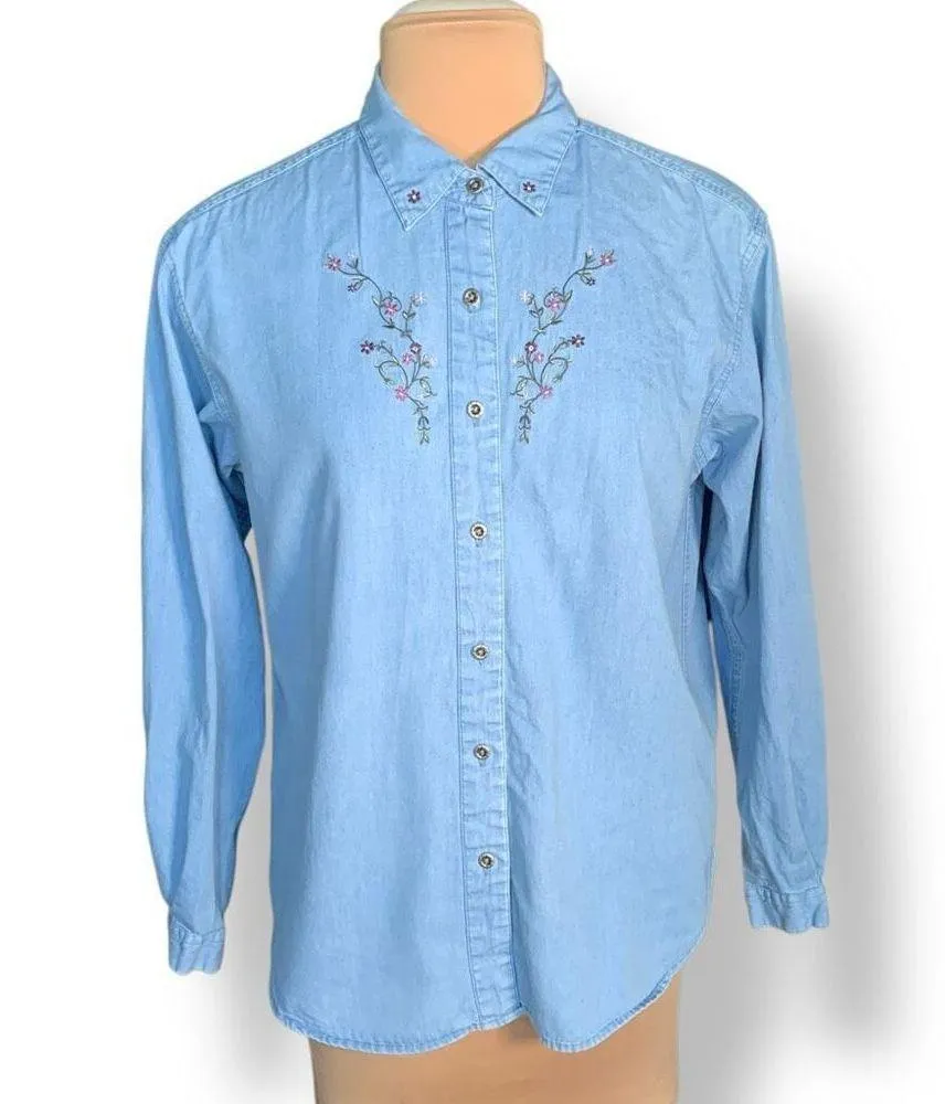 Vintage 90s Embroidered Chambray Denim Shirt Button Down Floral Long Sleeve Blue Size M - Image 3