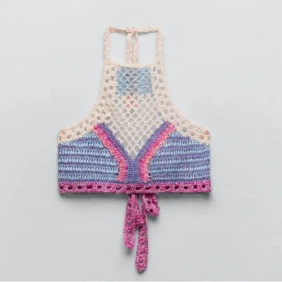 Zara crochet halter cropped top lavender pink cream boho open back high neck - Image 6