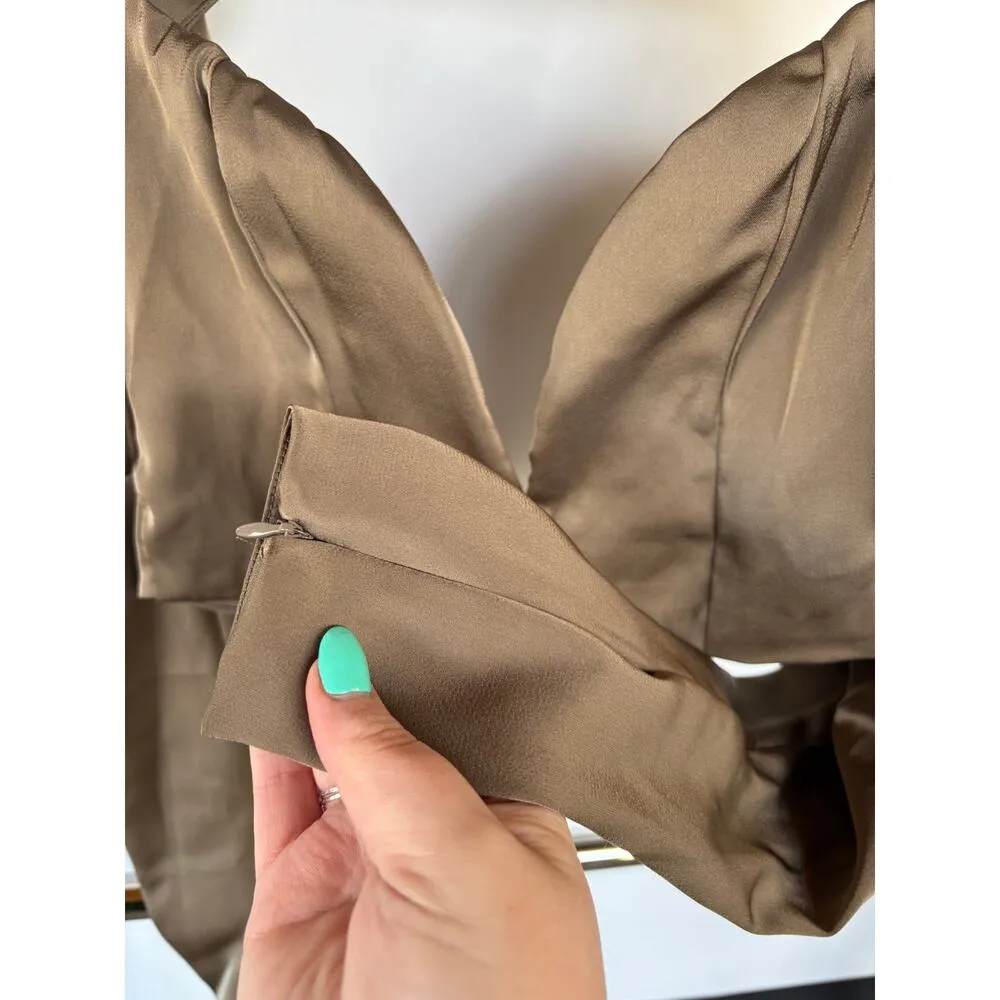 Mistress Rocks Tie Not Olive Silky Backless Corset Rave Puff Sleeve Blouse Small Brown - Image 9