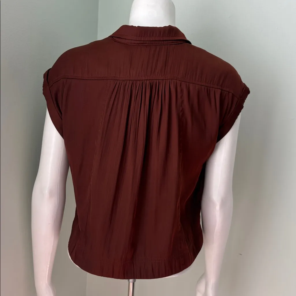 ANTHROPOLOGIE Brown Silky Cropped Collared Henley Top PXS - Image 7