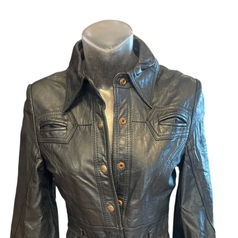 AMAZING VINTAGE Long Leather Jacket Black XS Y2K GRUNGE CYBER GOTH THE MATRIX - Image 2