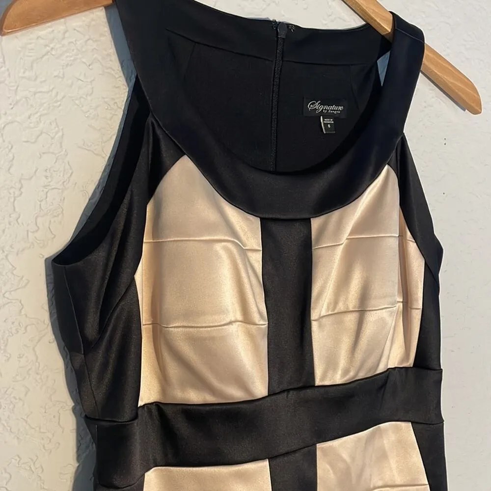 Shimmer Gold Tan Satin Halter Dress Black Trim Date Night Glam Party Y2K Size 6 - Image 2